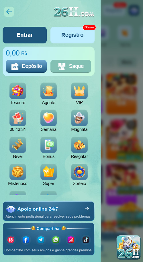 Menu, depósito e saque na 26h.com